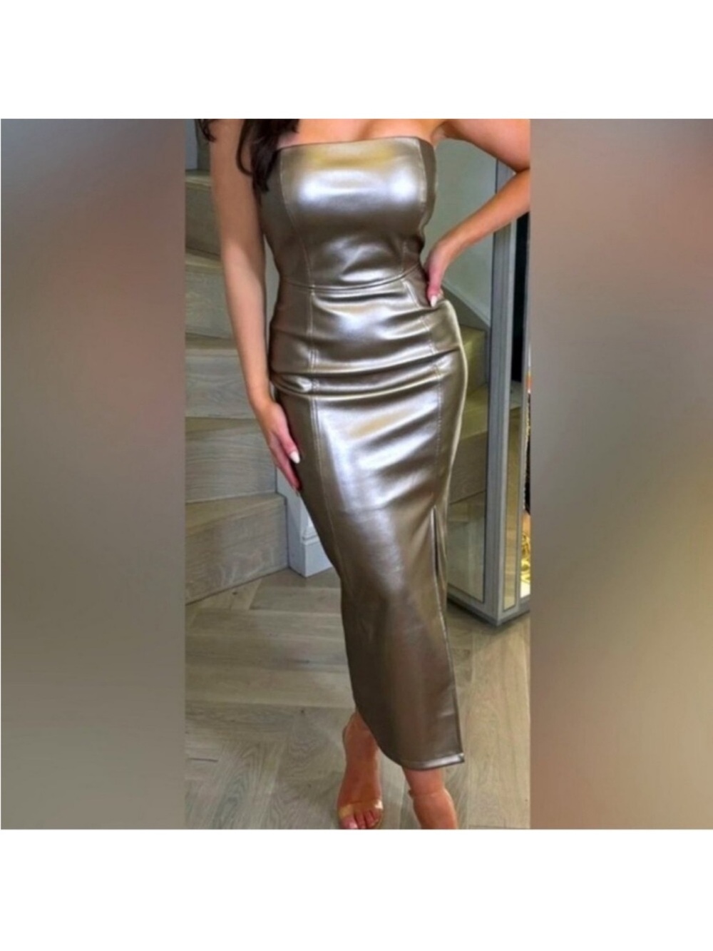 NEW🩶❤️ Metallic Pewter Silver Strapless Midi Dress Faux Leather Glam Sexy Party - Picture 2 of 9